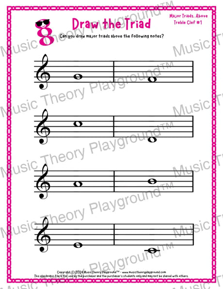 Treble clef major triad music worksheet - printable PDF