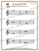 Treble clef major triad music worksheet - printable PDF