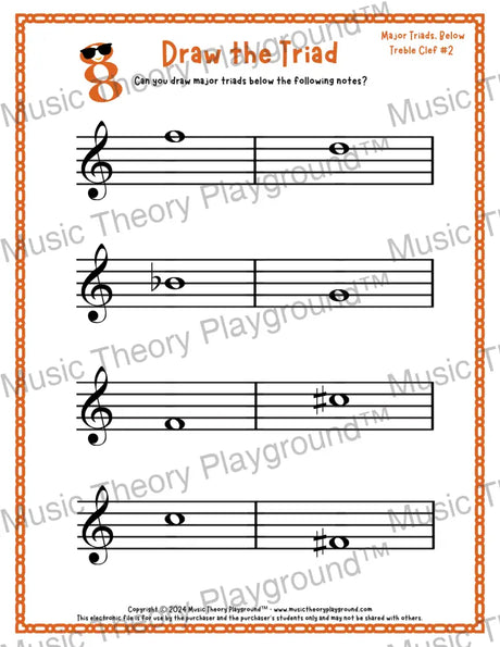 Treble clef major triad music worksheet - printable PDF