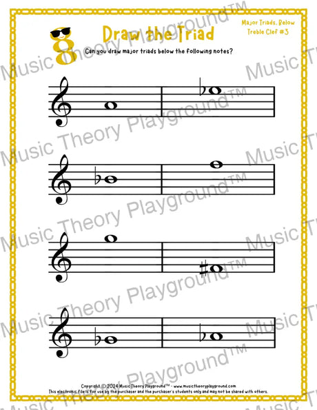 Treble clef major triad music worksheet - printable PDF