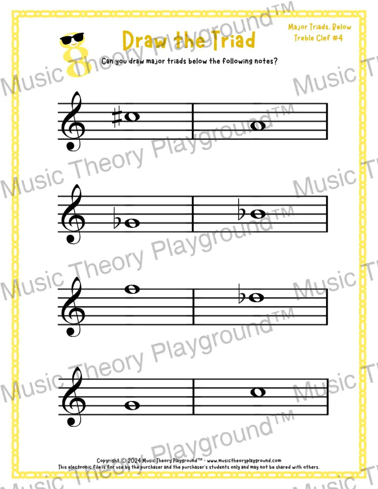 Treble clef major triad music worksheet - printable PDF