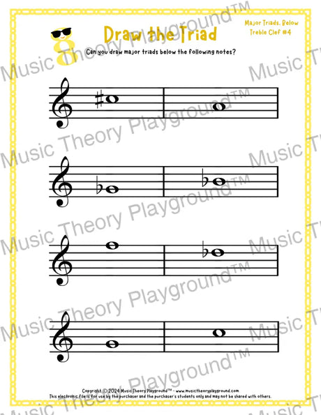 Treble clef major triad music worksheet - printable PDF