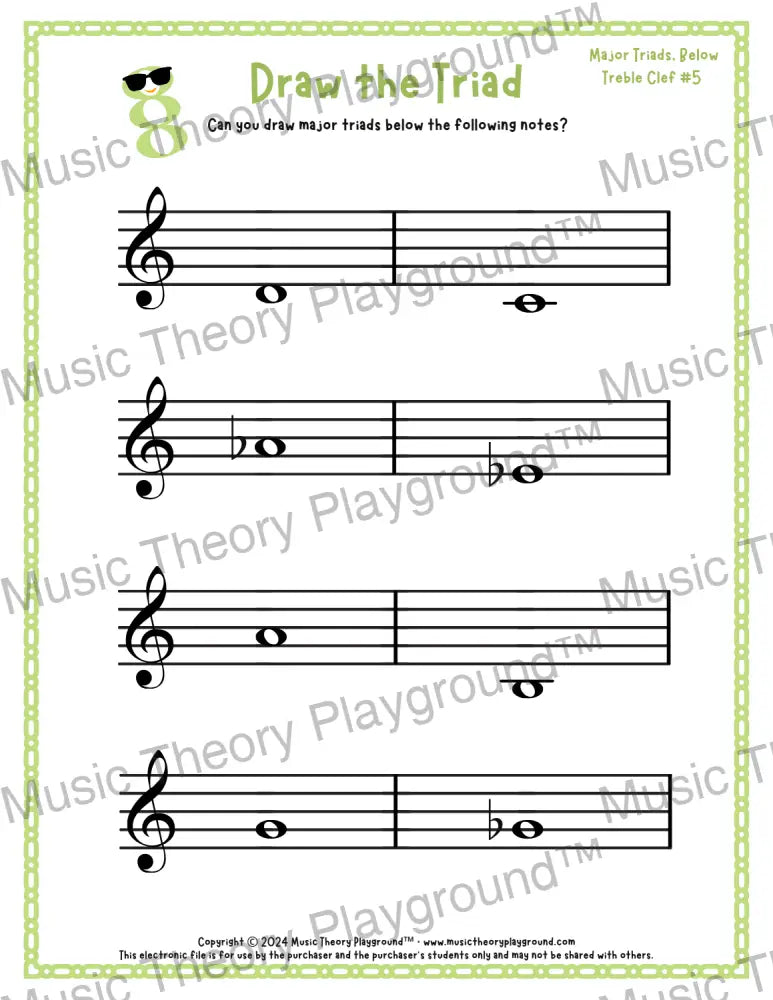 Treble clef major triad music worksheet - printable PDF