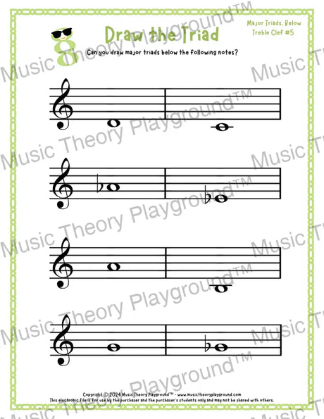 Treble clef major triad music worksheet - printable PDF