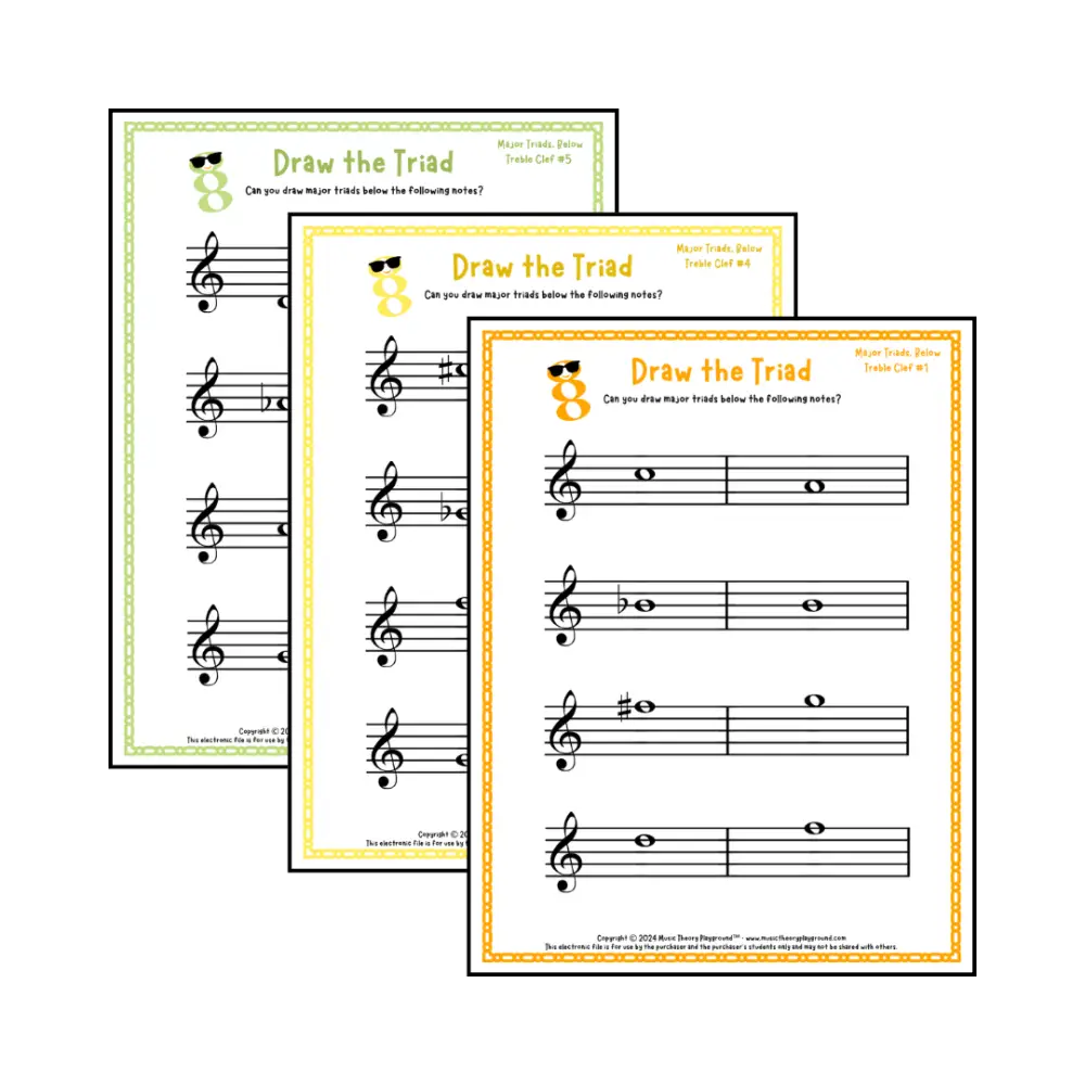 Treble clef major triad music worksheets - printable PDFs