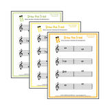 Treble clef major triad music worksheets - printable PDFs