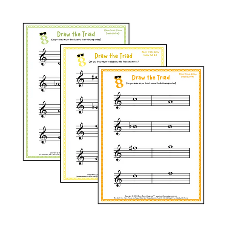 Treble clef major triad music worksheets - printable PDFs