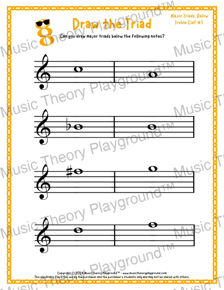Treble clef major triad music worksheet - printable PDF