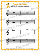 Treble clef major triad music worksheet - printable PDF