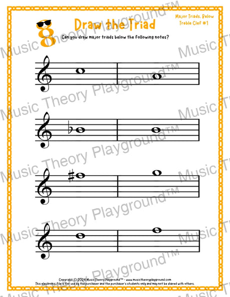 Treble clef major triad music worksheet - printable PDF