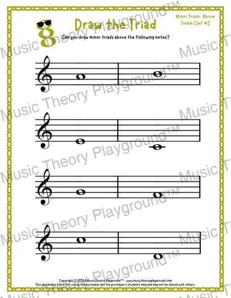 Treble clef minor triad music worksheet - printable PDF
