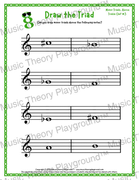 Treble clef minor triad music worksheet - printable PDF