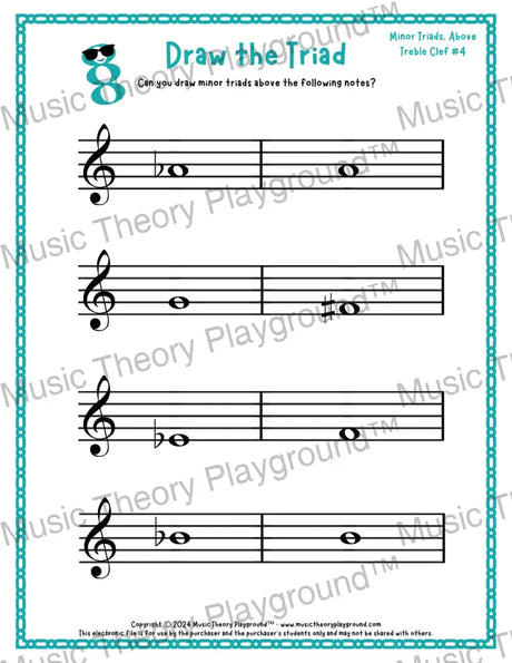 Treble clef minor triad music worksheet - printable PDF