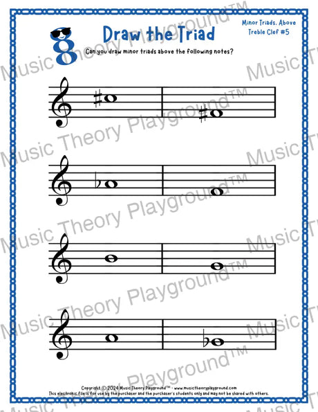 Treble clef minor triad music worksheet - printable PDF