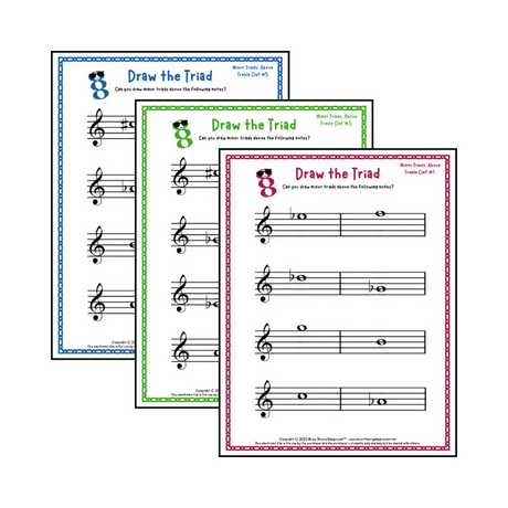 Treble clef minor triad music worksheets - printable PDFs