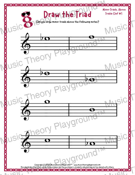 Treble clef minor triad music worksheet - printable PDF