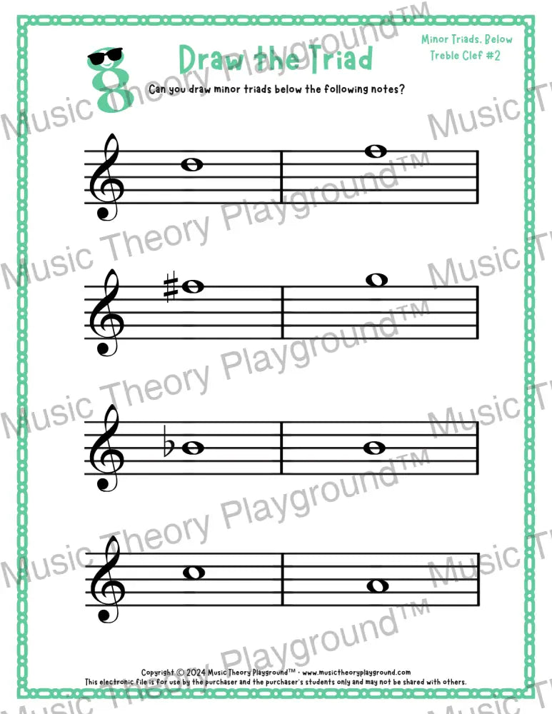 Treble clef minor triad music worksheet - printable PDF