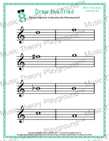 Treble clef minor triad music worksheet - printable PDF
