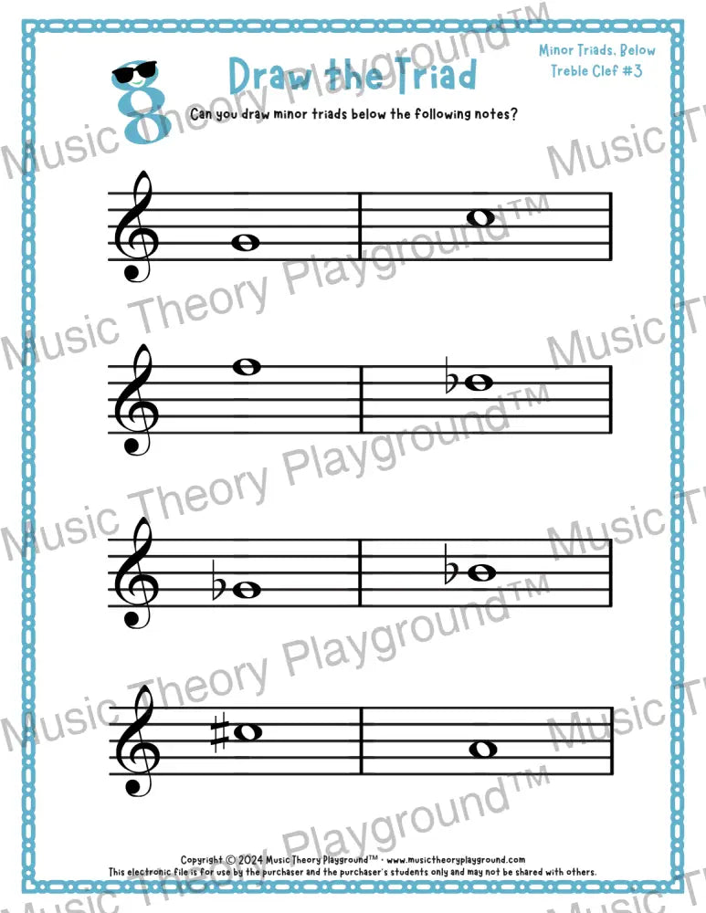 Treble clef minor triad music worksheet - printable PDF