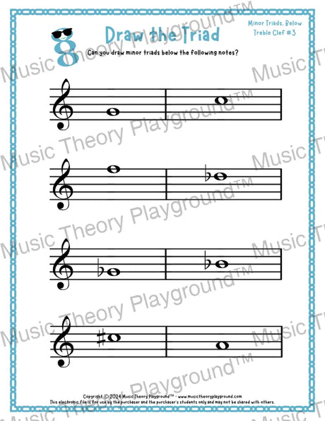 Treble clef minor triad music worksheet - printable PDF
