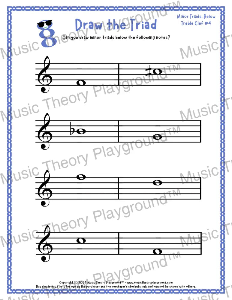 Treble clef minor triad music worksheet - printable PDF