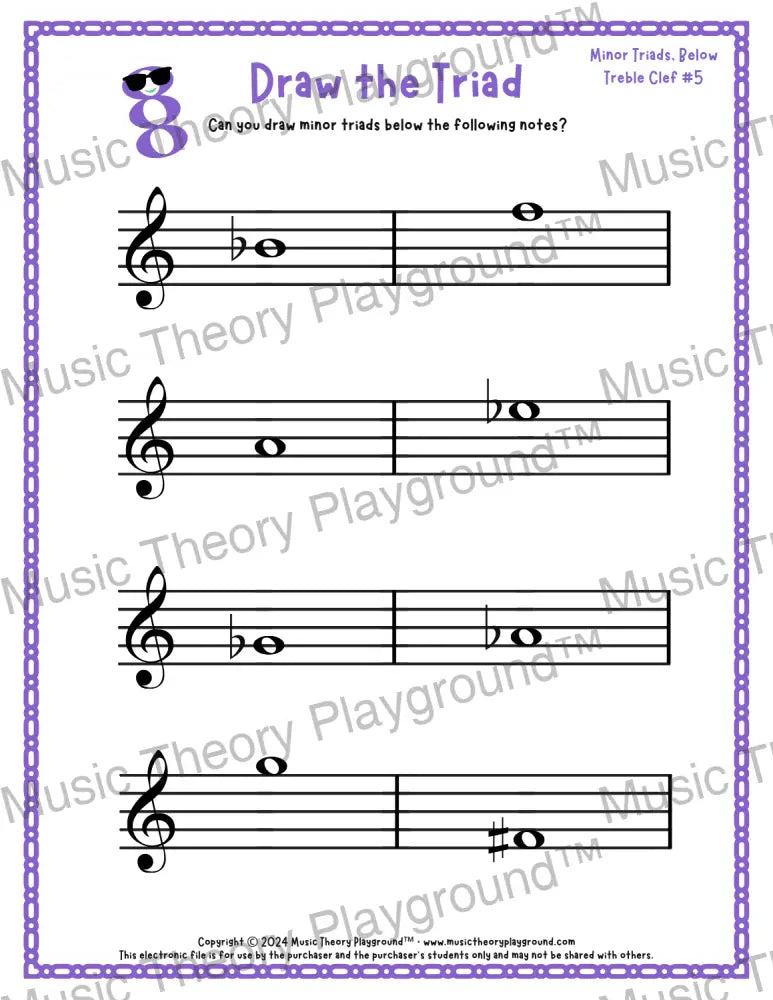 Treble clef minor triad music worksheet - printable PDF