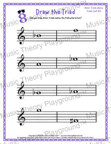 Treble clef minor triad music worksheet - printable PDF