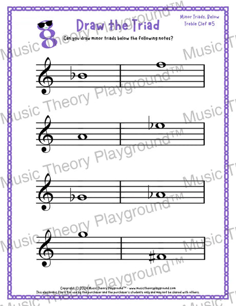 Treble clef minor triad music worksheet - printable PDF