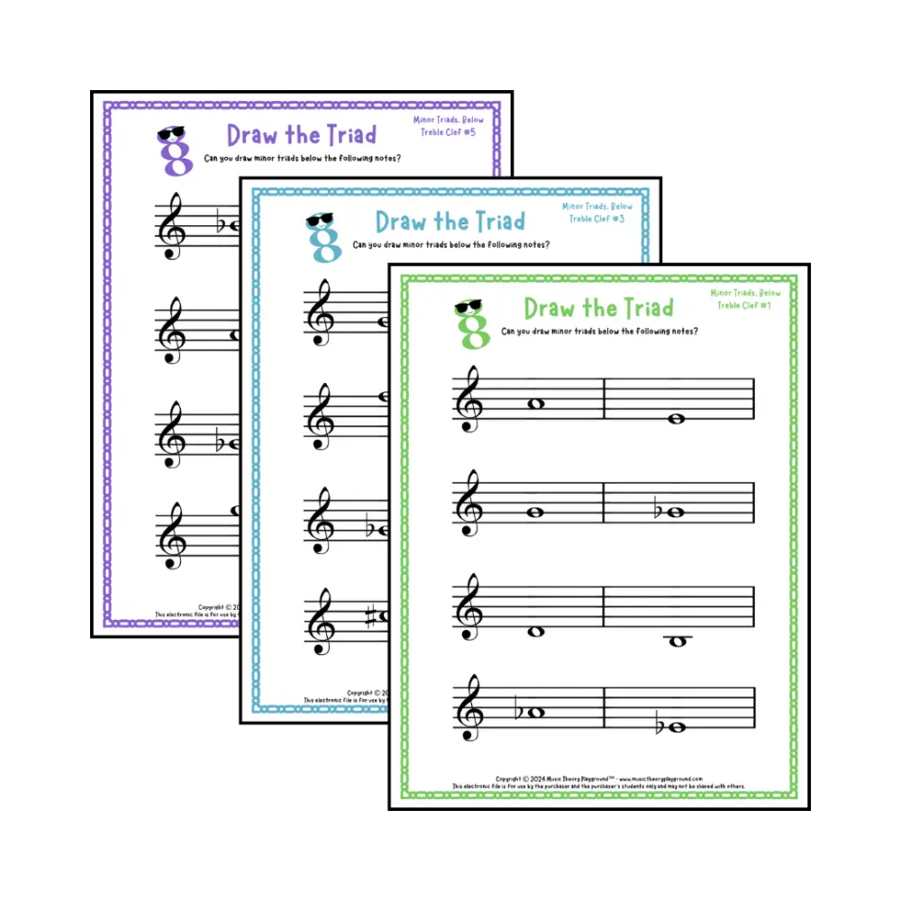 Treble clef minor triad music worksheets - printable PDFs