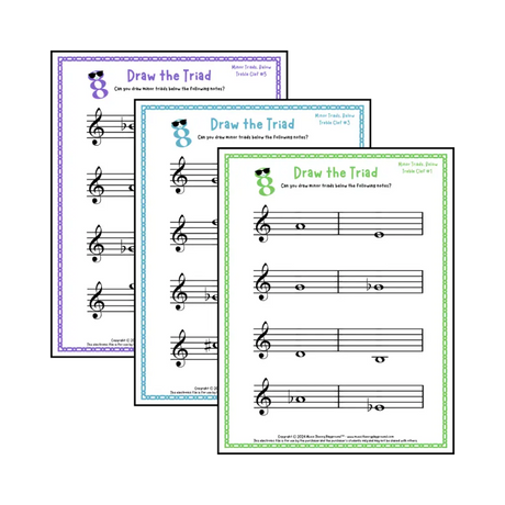 Treble clef minor triad music worksheets - printable PDFs