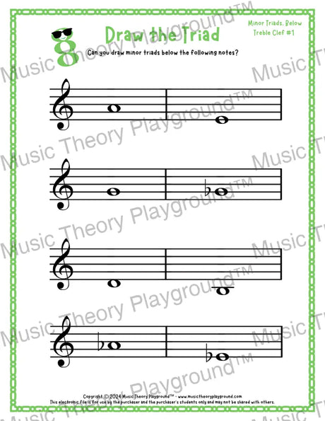 Treble clef minor triad music worksheet - printable PDF