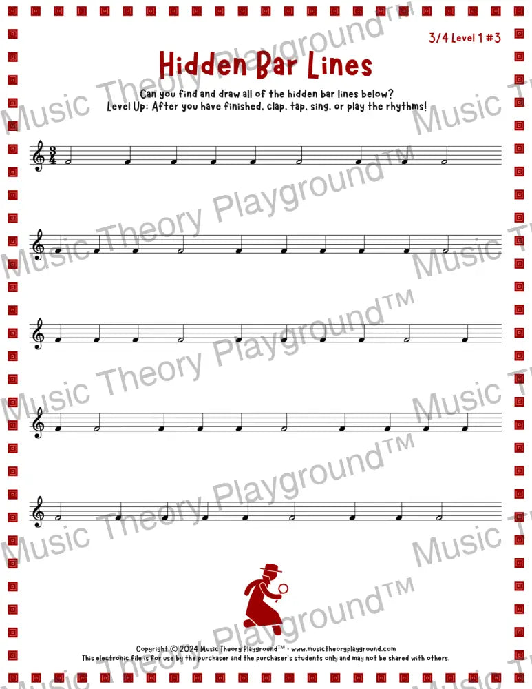 Hidden Bar Lines: 3/4 Level 1 3 / Worksheet + Answer Key Student Worksheet