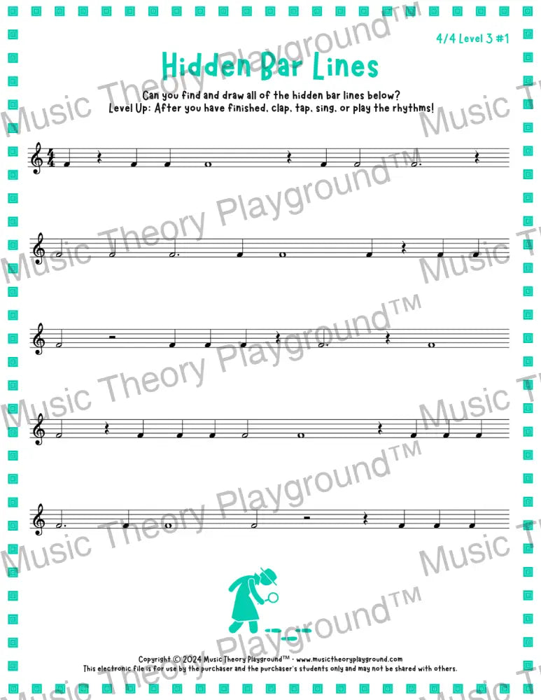 Hidden Bar Lines: 4/4 Level 3 1 / Worksheet + Answer Key Student Worksheet
