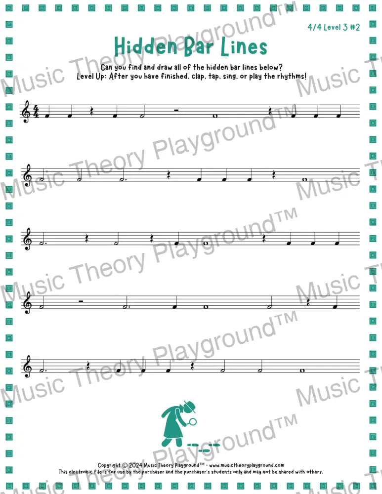 Hidden Bar Lines: 4/4 Level 3 2 / Worksheet + Answer Key Student Worksheet