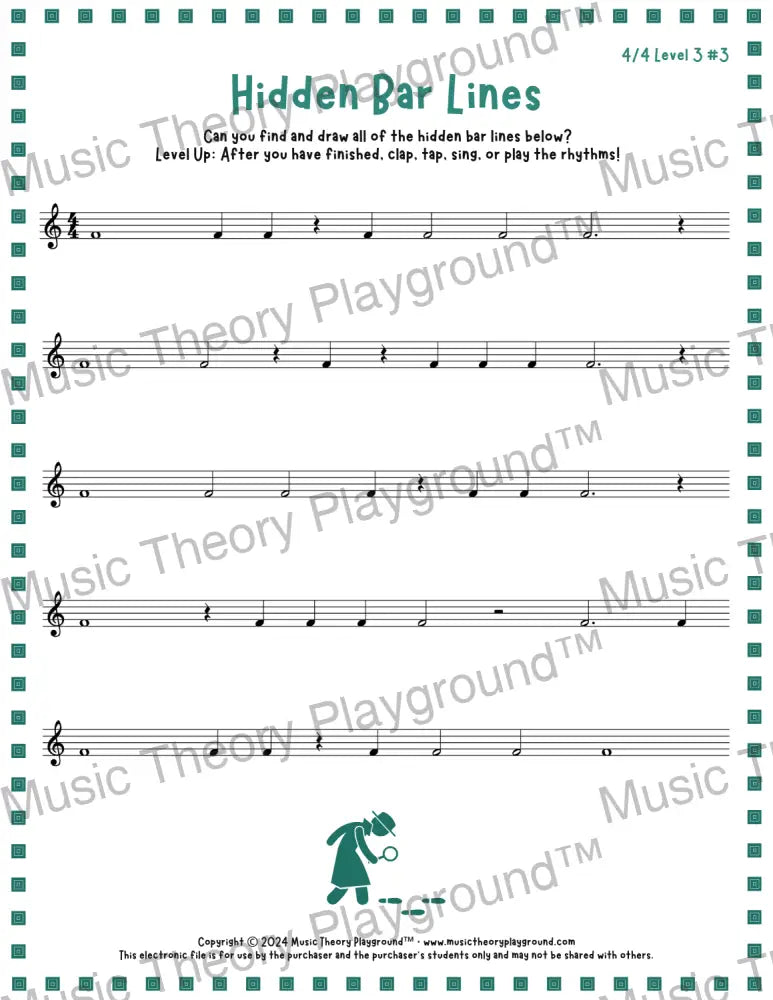 Hidden Bar Lines: 4/4 Level 3 3 / Worksheet + Answer Key Student Worksheet