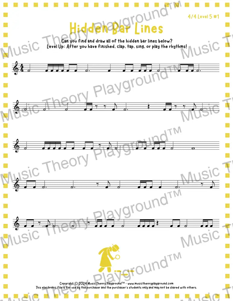 Hidden Bar Lines: 4/4 Level 5 1 / Worksheet + Answer Key Student Worksheet