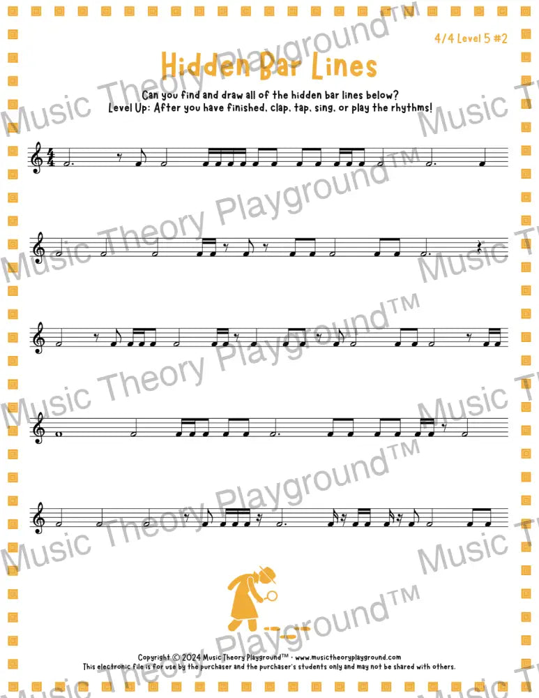 Hidden Bar Lines: 4/4 Level 5 2 / Worksheet + Answer Key Student Worksheet
