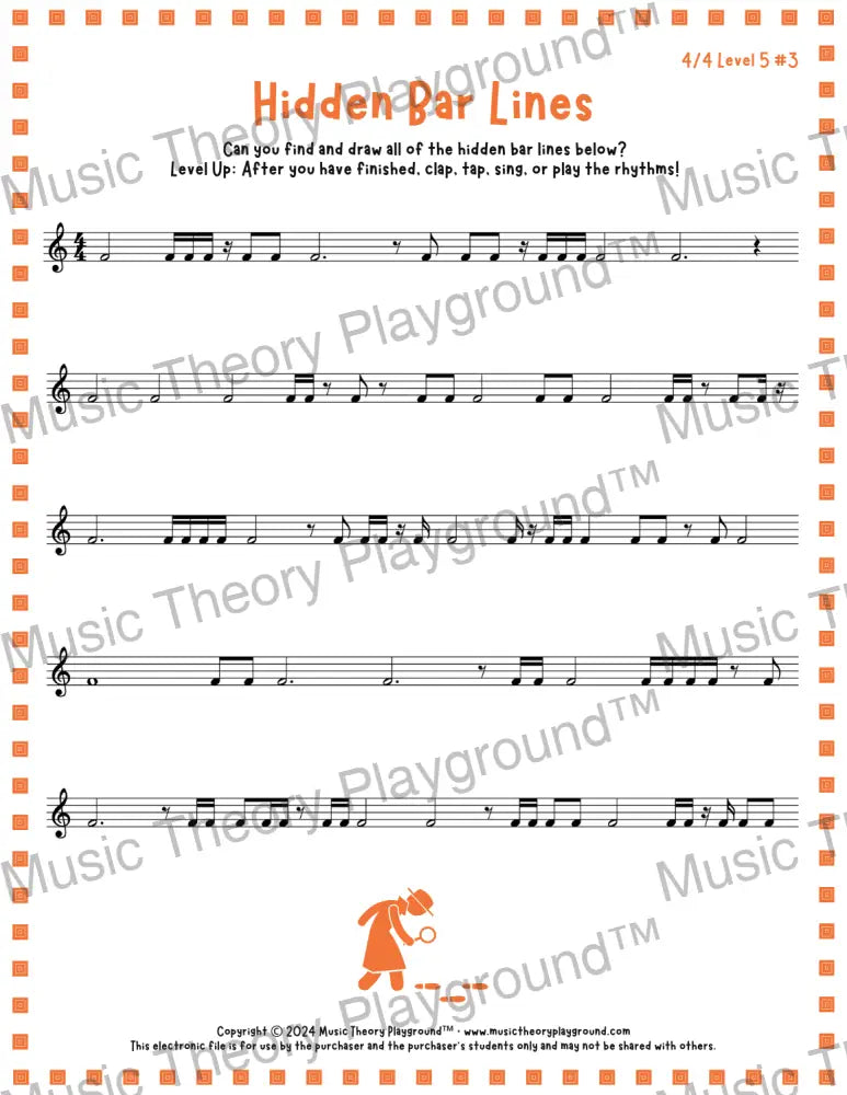 Hidden Bar Lines: 4/4 Level 5 3 / Worksheet + Answer Key Student Worksheet