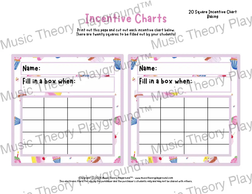 Incentive Chart - 20 Square: Hobbies Baking Teacher Resource