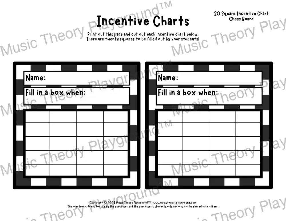 Incentive Chart - 20 Square: Hobbies Chess Board Teacher Resource