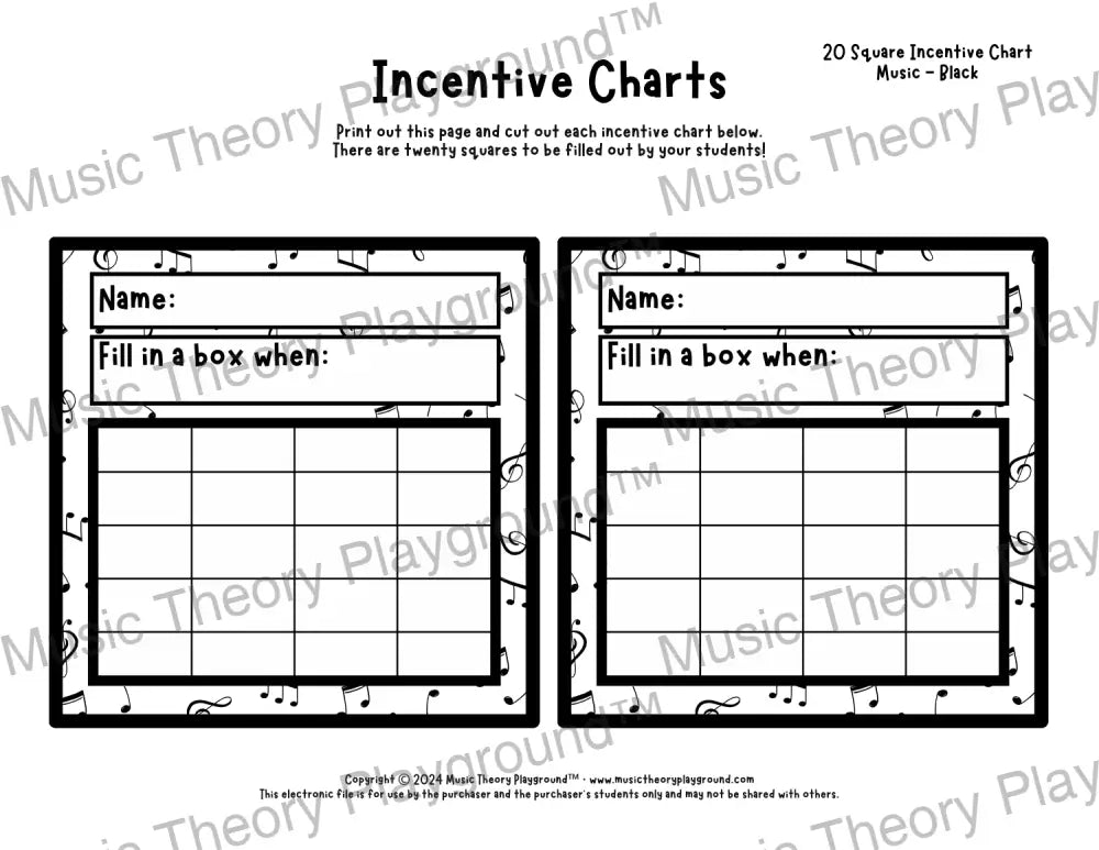 Incentive Chart - 20 Square: Hobbies Music Teacher Resource