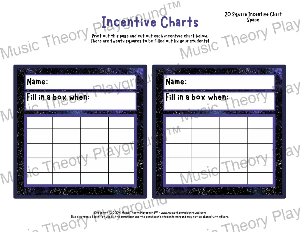 Incentive Chart - 20 Square: Hobbies Space Teacher Resource