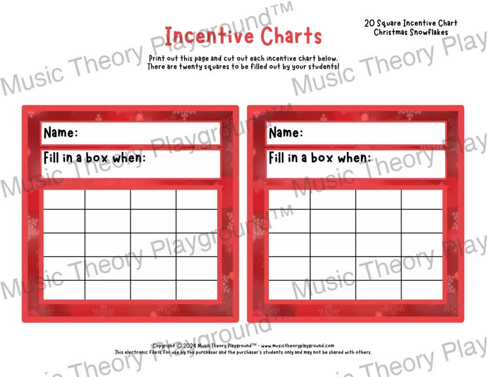 Incentive Chart - 20 Square: Holiday Christmas Snowflakes Teacher Resource