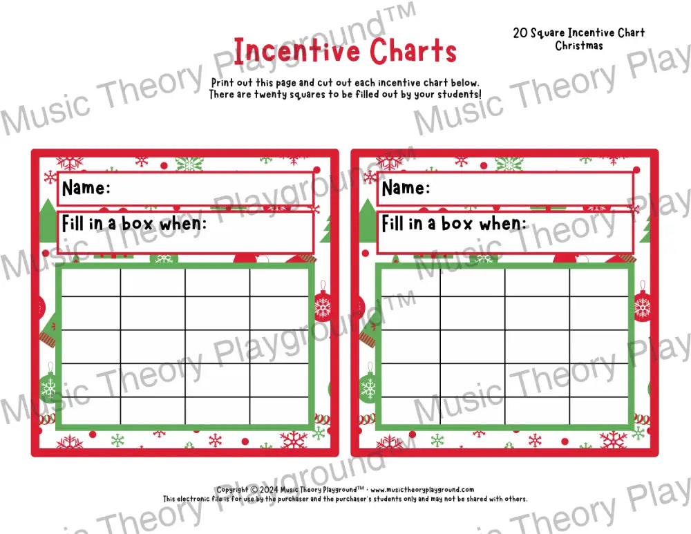 Incentive Chart - 20 Square: Holiday Christmas Teacher Resource