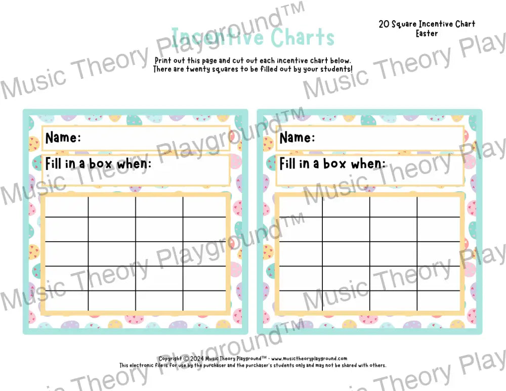 Incentive Chart - 20 Square: Holiday Easter Teacher Resource