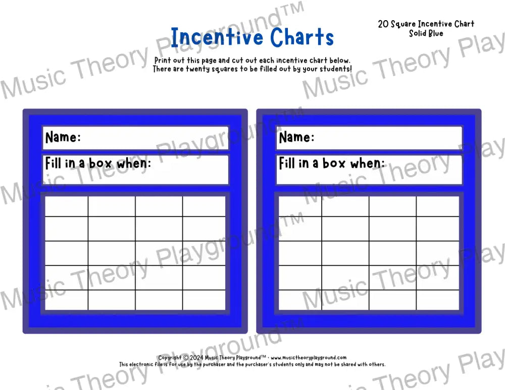 Incentive Chart - 20 Square (Solid Colour) Blue Teacher Resource