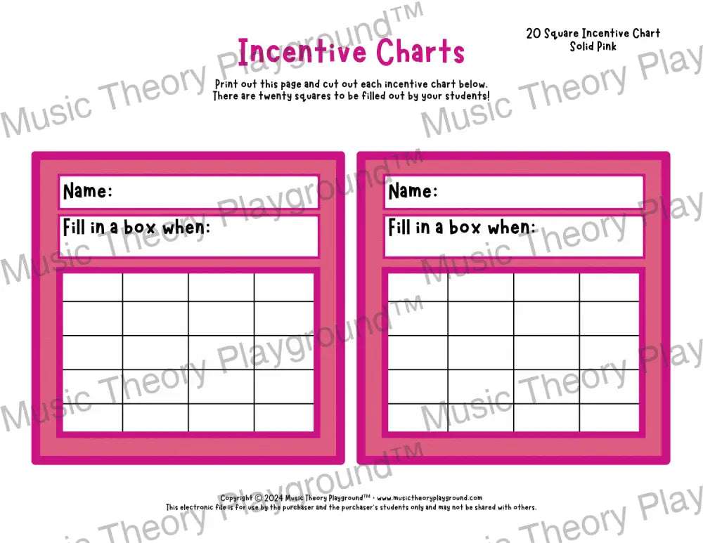 Incentive Chart - 20 Square (Solid Colour) Pink Teacher Resource