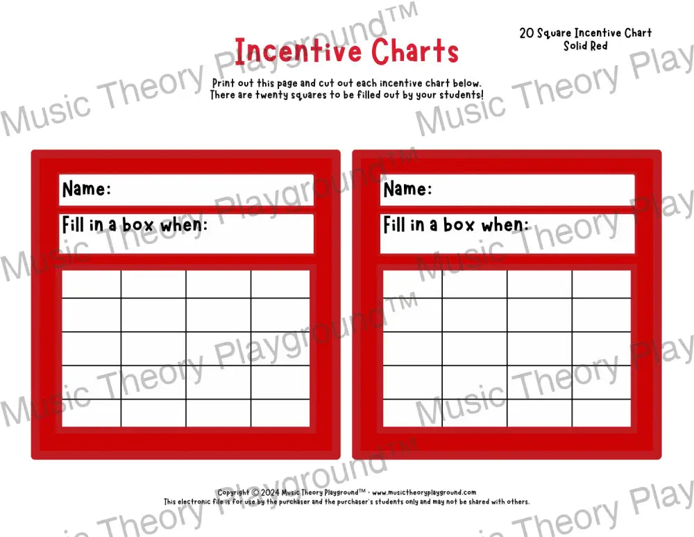 Incentive Chart - 20 Square (Solid Colour) Red Teacher Resource