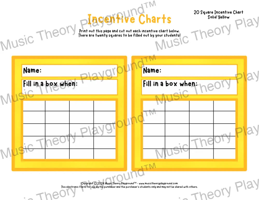 Incentive Chart - 20 Square (Solid Colour) Yellow Teacher Resource