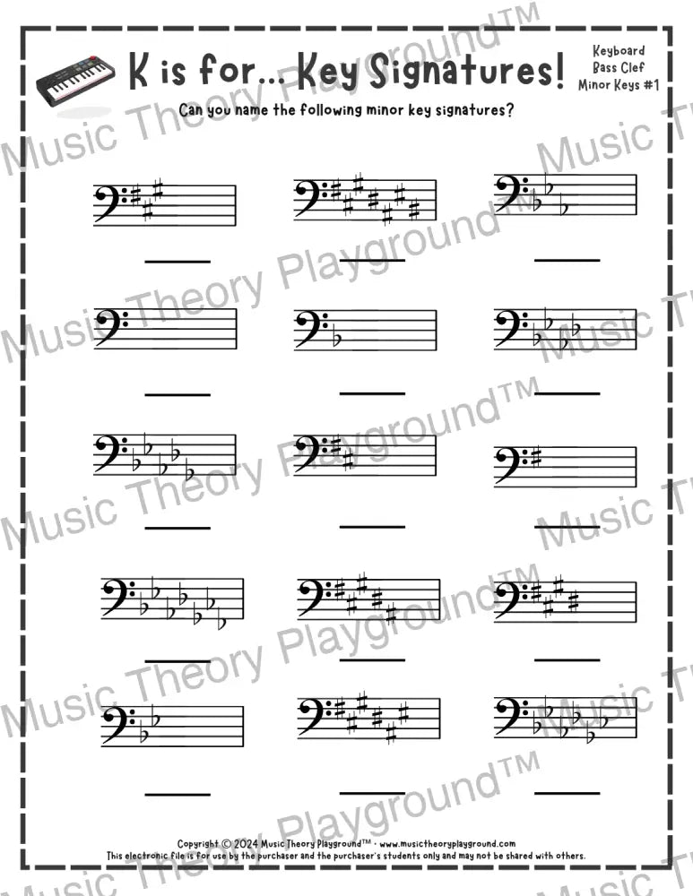 K is for… Key Signatures! Bass Clef Major Collection 2 King / Worksheet + Answer Key Student Worksheet